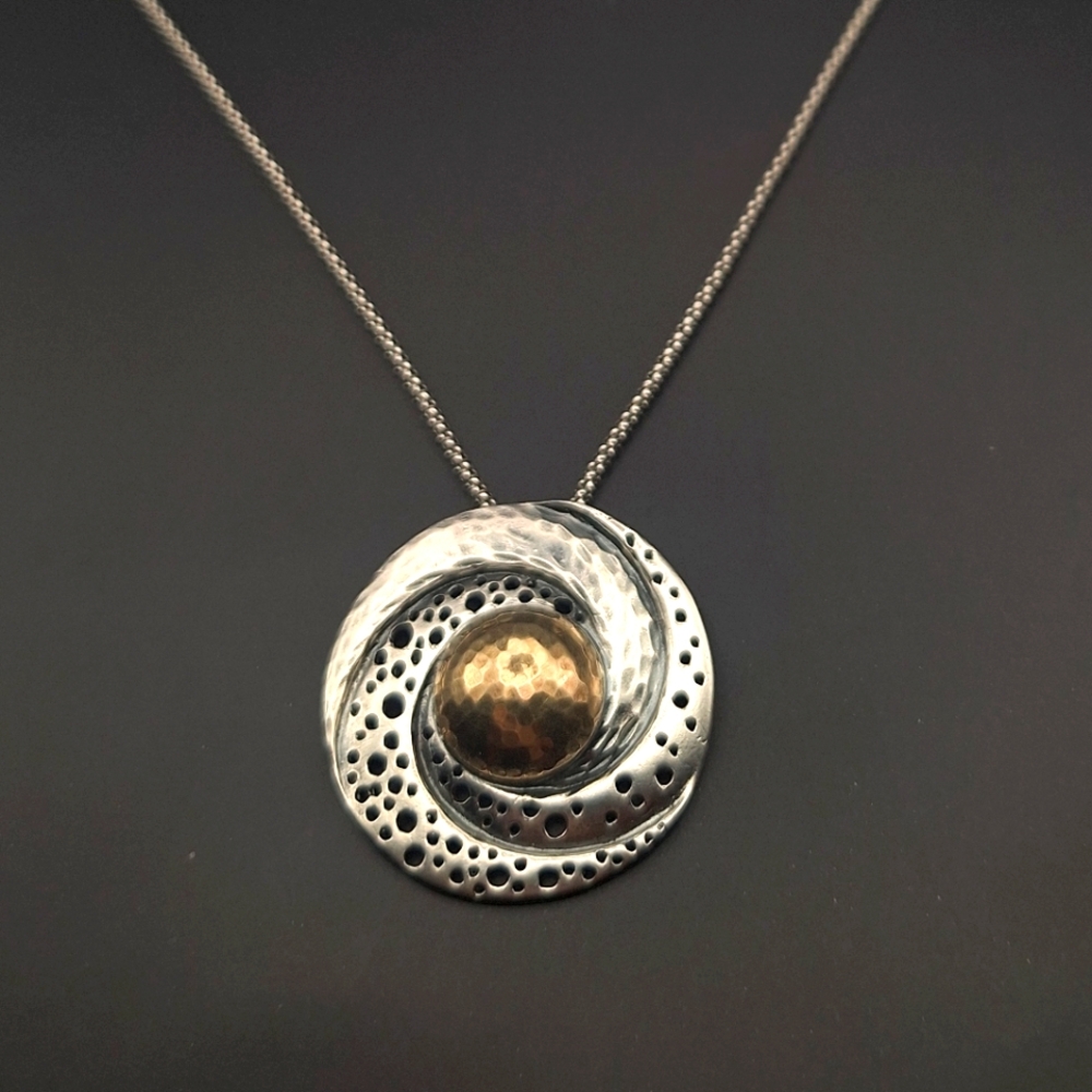 Israel Hammered Artisan Necklace Sterling & 14K Gold Dome 18" Orig Popcorn Chain